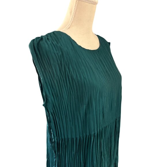 Eileen Fisher crinkle silk dress M medium Jewel Neck Tiered crushed teal aegean - Picture 6 of 9